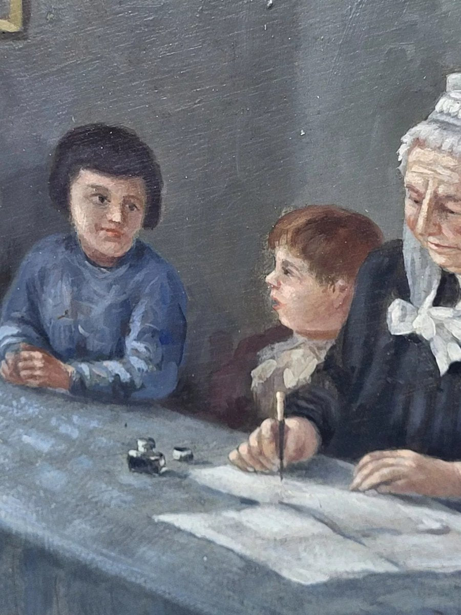 Grandmother Writing on the Front, Oil Painting on Wood, 19th Century