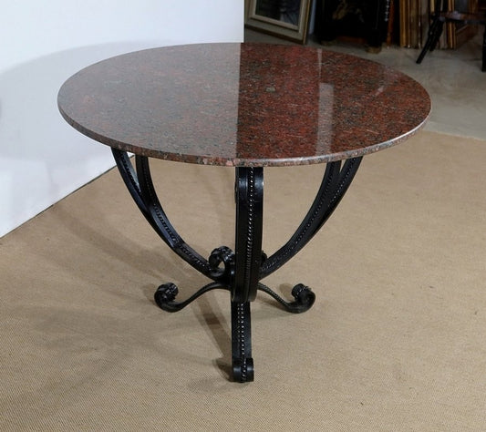 Granite & Wrought Iron Tripod Pedestal Table, 1970s