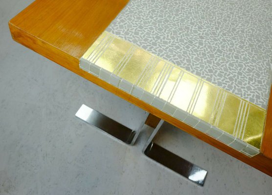 Gray and Gold Mosaic & Walnut Coffee Table with Chrome Frame by Berthold Müller, 1960s-FH-840773