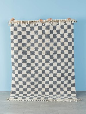 Gray Blue Check Berber Rug, 2010s-GPP-1374877