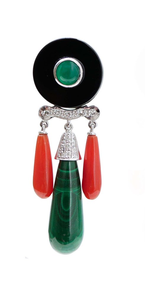 Green Agate, Malakite, Onyx, Coral, Diamonds, Platinum and Gold Dangle Earrings, 1950s, Set of 2