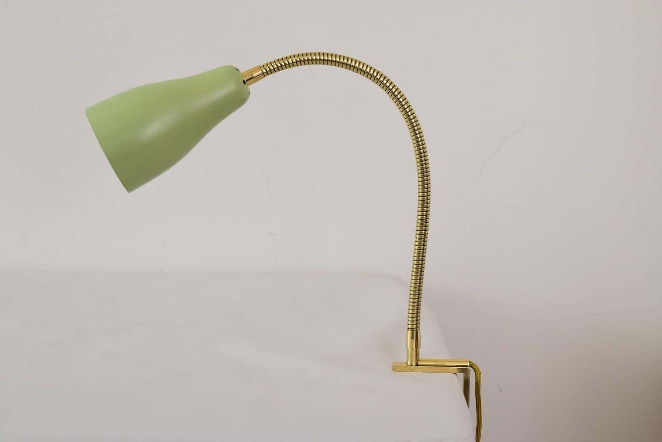 Green and Gold Brass Flexible Table Lamp with Shade,1950s