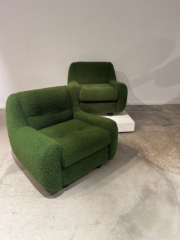 Green Bouclette Easy Chairs, 1970s, Set of 2