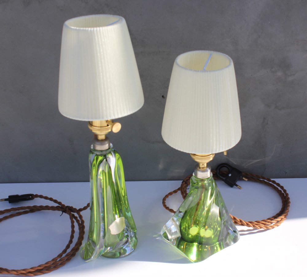 Green Crystal Lamps by Val St Lambert, Set of 2