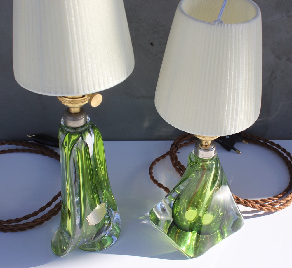 Green Crystal Lamps by Val St Lambert, Set of 2