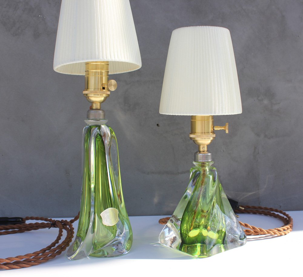 Green Crystal Lamps by Val St Lambert, Set of 2