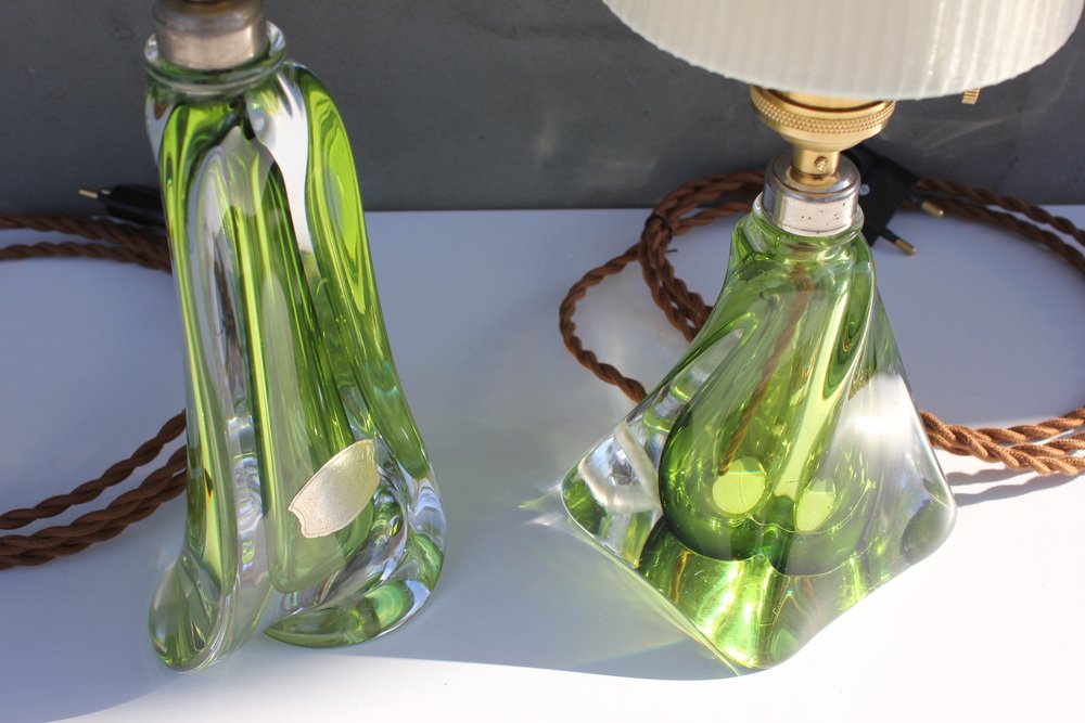 Green Crystal Lamps by Val St Lambert, Set of 2