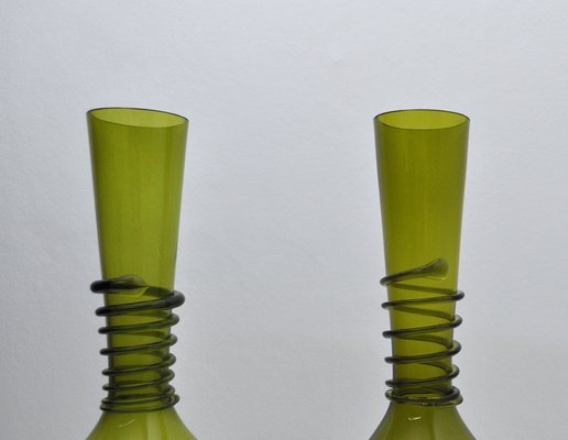 Green Decanter or Vase with Attached Glass Wire by Jacob E. Bang for Holmegaard, Denmark, Set of 2-HPQ-1263889