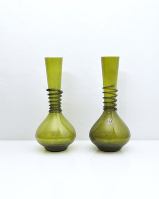 Green Decanter or Vase with Attached Glass Wire by Jacob E. Bang for Holmegaard, Denmark, Set of 2-HPQ-1263889