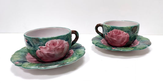 Green Earthenware Tea and Coffee Cups with Floral Motifs by Zaccagnini, 1940s, Set of 2