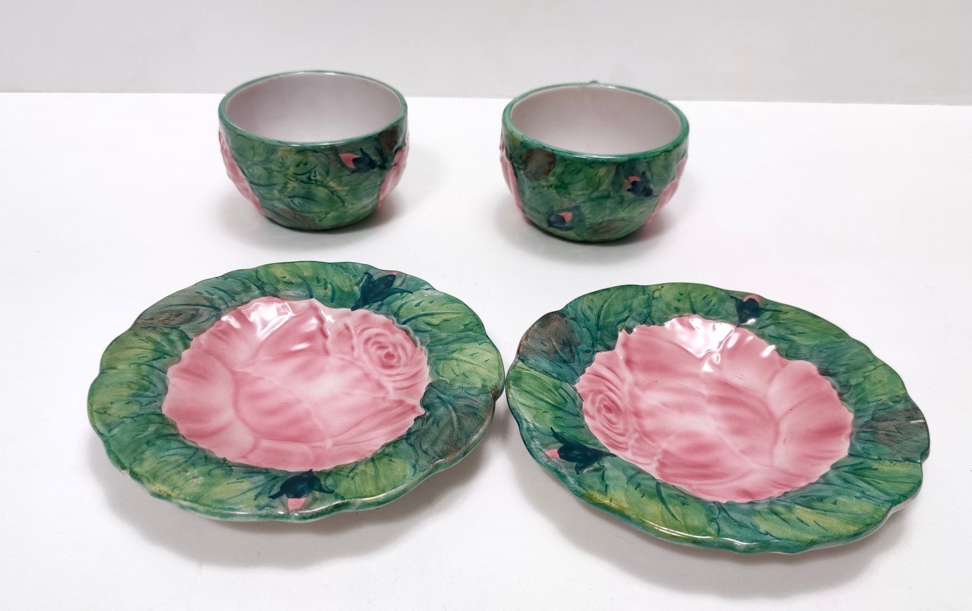 Green Earthenware Tea and Coffee Cups with Floral Motifs by Zaccagnini, 1940s, Set of 2