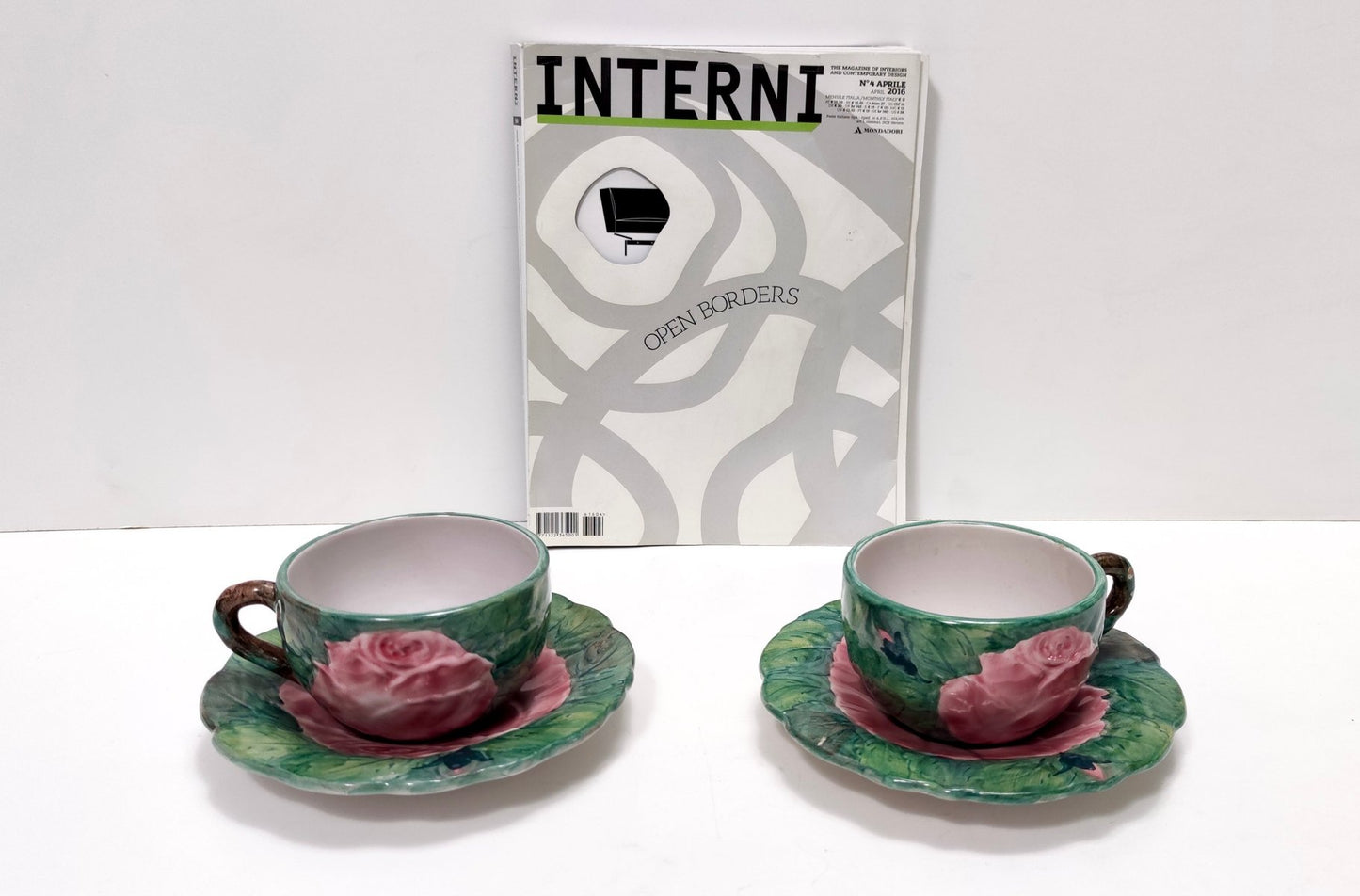 Green Earthenware Tea and Coffee Cups with Floral Motifs by Zaccagnini, 1940s, Set of 2