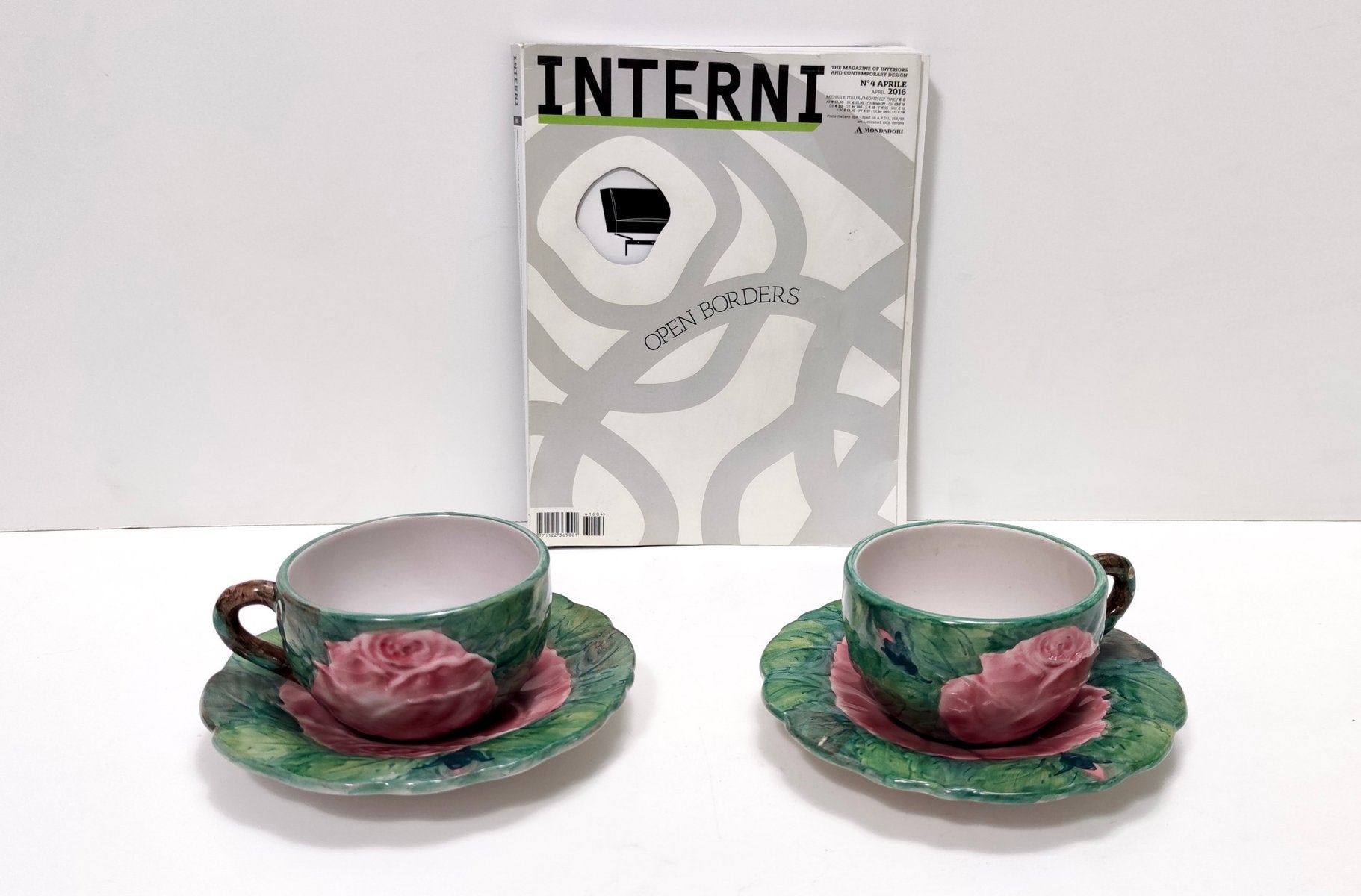 Green Earthenware Tea and Coffee Cups with Floral Motifs by Zaccagnini, 1940s, Set of 2