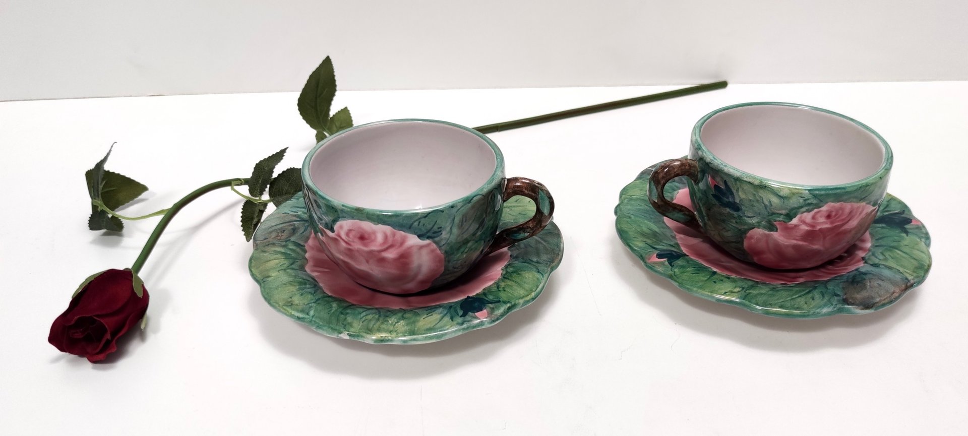 Green Earthenware Tea and Coffee Cups with Floral Motifs by Zaccagnini, 1940s, Set of 2