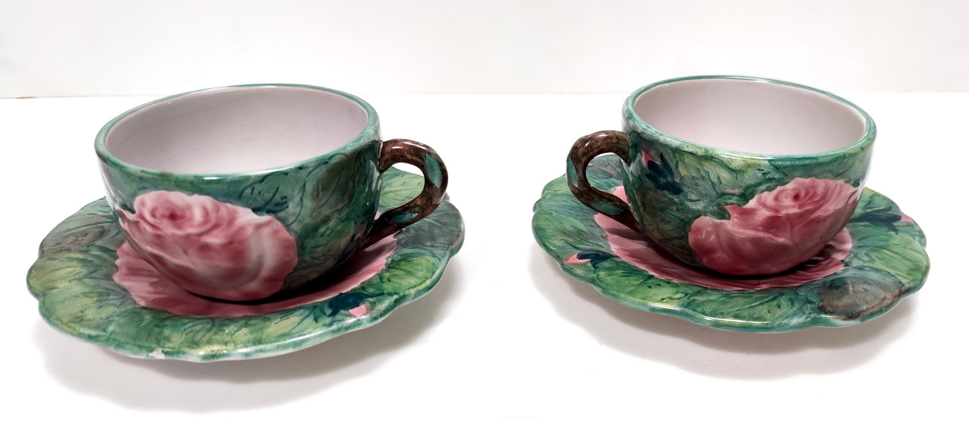 Green Earthenware Tea and Coffee Cups with Floral Motifs by Zaccagnini, 1940s, Set of 2