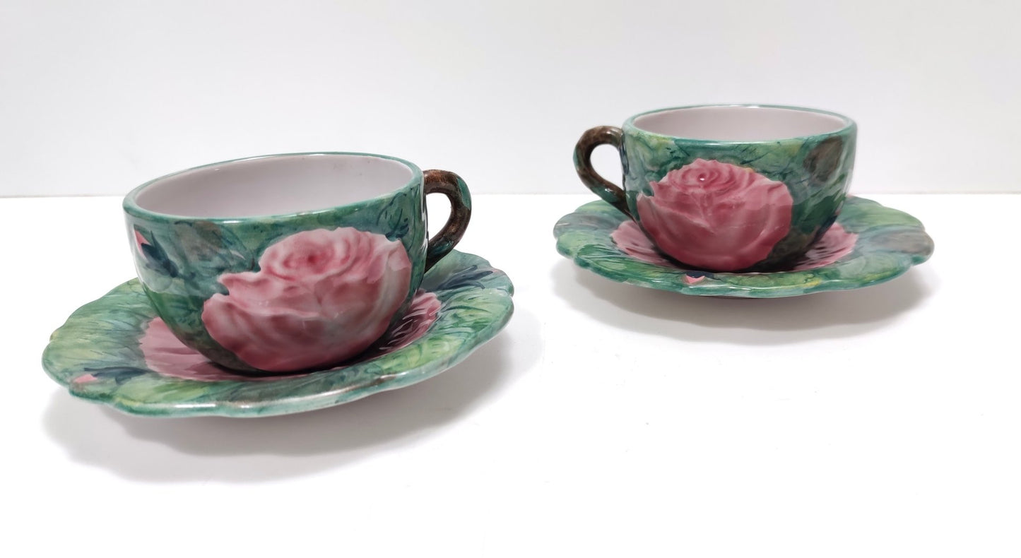 Green Earthenware Tea and Coffee Cups with Floral Motifs by Zaccagnini, 1940s, Set of 2