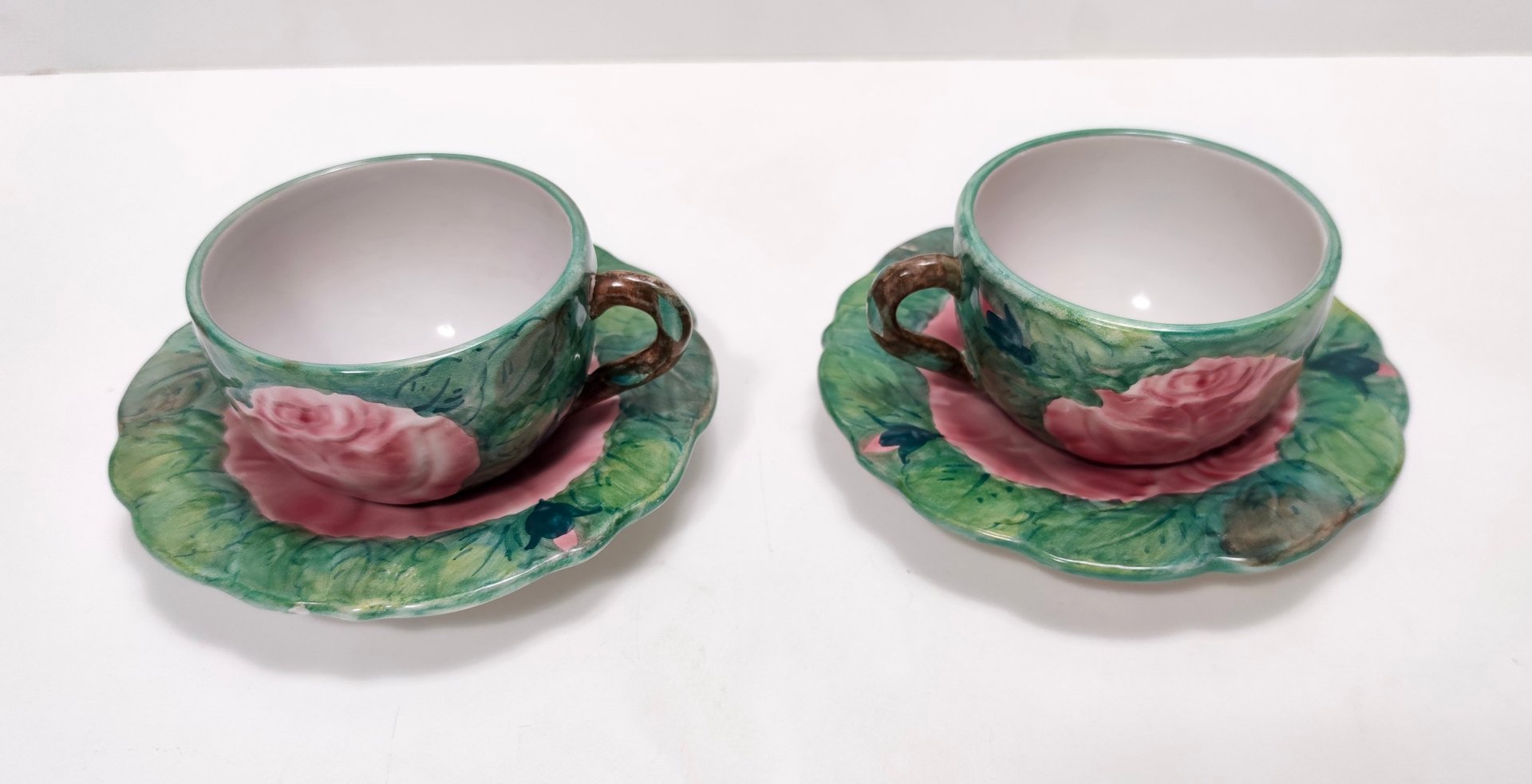 Green Earthenware Tea and Coffee Cups with Floral Motifs by Zaccagnini, 1940s, Set of 2