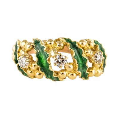 Green Enamel Diamond and Gold Ring, 1980s-OLU-896413