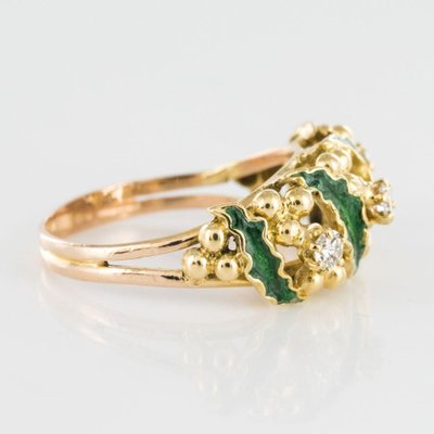 Green Enamel Diamond and Gold Ring, 1980s-OLU-896413