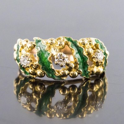 Green Enamel Diamond and Gold Ring, 1980s-OLU-896413