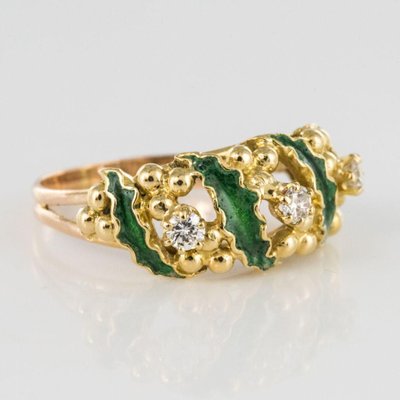 Green Enamel Diamond and Gold Ring, 1980s-OLU-896413