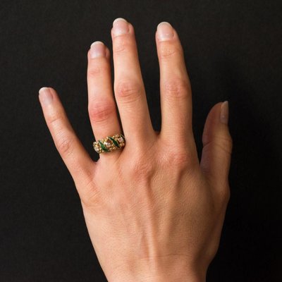 Green Enamel Diamond and Gold Ring, 1980s-OLU-896413