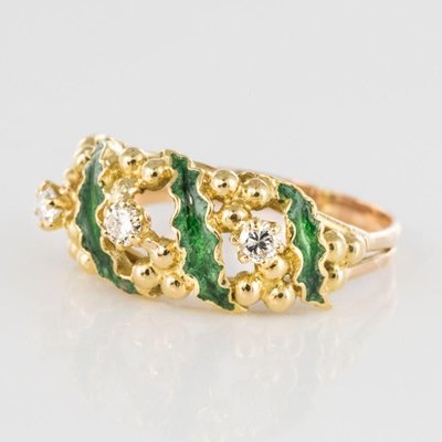 Green Enamel Diamond and Gold Ring, 1980s-OLU-896413