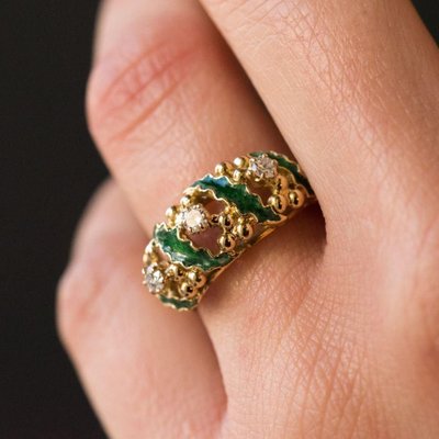 Green Enamel Diamond and Gold Ring, 1980s-OLU-896413