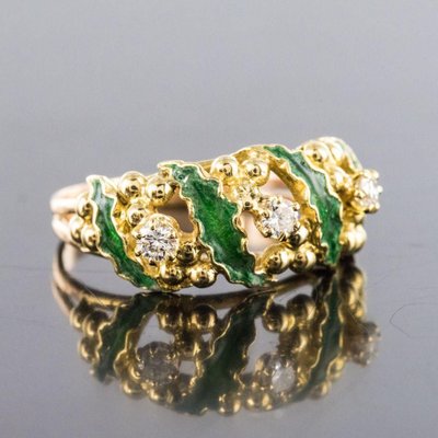 Green Enamel Diamond and Gold Ring, 1980s-OLU-896413