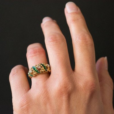 Green Enamel Diamond and Gold Ring, 1980s-OLU-896413