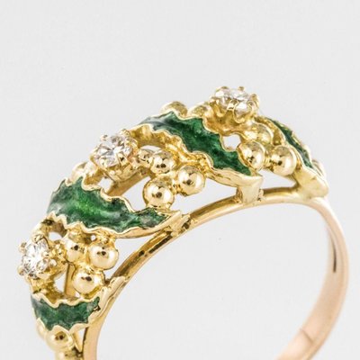 Green Enamel Diamond and Gold Ring, 1980s-OLU-896413