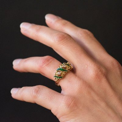 Green Enamel Diamond and Gold Ring, 1980s-OLU-896413