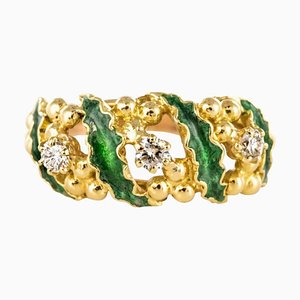 Green Enamel Diamond and Gold Ring, 1980s-OLU-896413