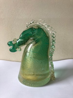 Green Glass and Gold Leaf Horse Head Sculpture by Flavio Poli for Seguso Vetri d'Arte, 1940s-ECV-653024