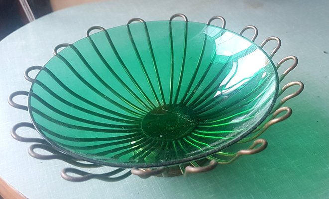 Green Glass Bowl with Brass Frame Vide Poche, 1950s-QDP-1716515