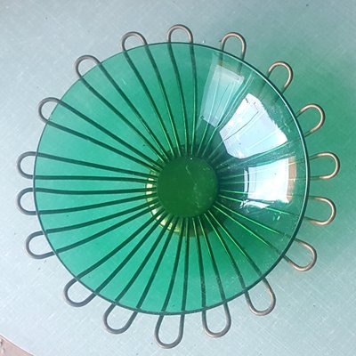 Green Glass Bowl with Brass Frame Vide Poche, 1950s-QDP-1716515