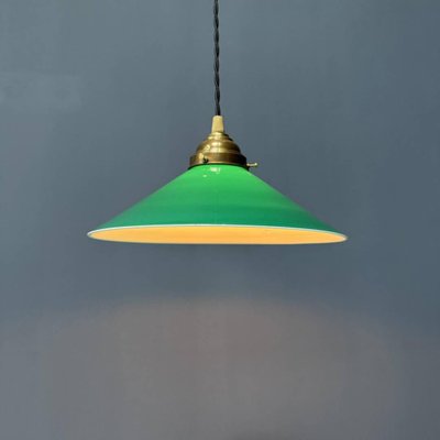 Green Glass Hanging Lamp with Slanted Shade and Brass Fixture-NPL-2028664