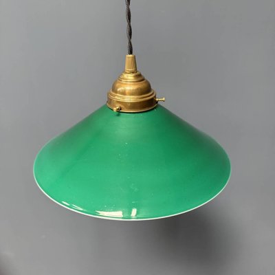 Green Glass Hanging Lamp with Slanted Shade and Brass Fixture-NPL-2028664