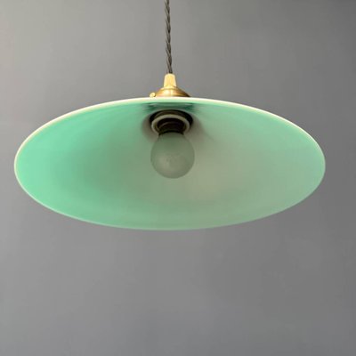 Green Glass Hanging Lamp with Slanted Shade and Brass Fixture-NPL-2028664