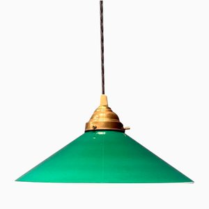 Green Glass Hanging Lamp with Slanted Shade and Brass Fixture-NPL-2028664