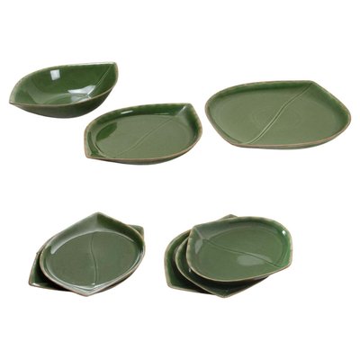 Green Glazed Ceramic Dishes and Bottom Tray, 1960s, Set of 8-JQO-1223707