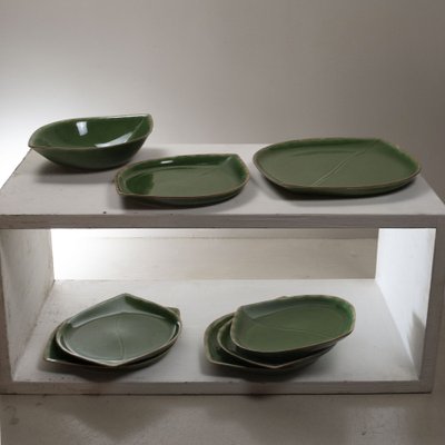 Green Glazed Ceramic Dishes and Bottom Tray, 1960s, Set of 8-JQO-1223707