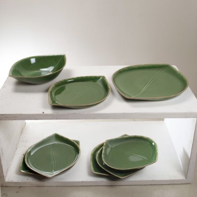 Green Glazed Ceramic Dishes and Bottom Tray, 1960s, Set of 8-JQO-1223707