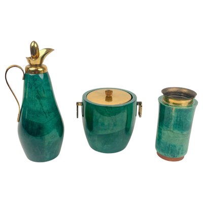 Green Goatskin & Brass Barware Set attributed to Aldo Tura for Macabo, Italy, 1960s, Set of 3-LYQ-1368841