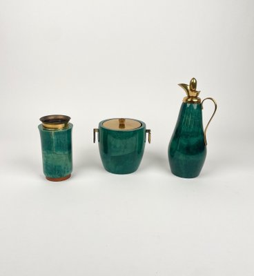 Green Goatskin & Brass Barware Set attributed to Aldo Tura for Macabo, Italy, 1960s, Set of 3-LYQ-1368841