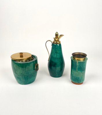 Green Goatskin & Brass Barware Set attributed to Aldo Tura for Macabo, Italy, 1960s, Set of 3-LYQ-1368841