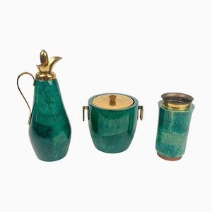 Green Goatskin & Brass Barware Set attributed to Aldo Tura for Macabo, Italy, 1960s, Set of 3-LYQ-1368841