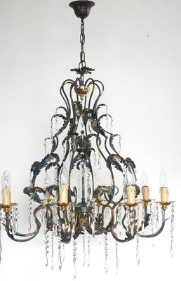 Green-Gold Burnished Metal & Lead Crystal 8-Bulb Chandelier, 1980s-NGU-2022967