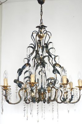 Green-Gold Burnished Metal & Lead Crystal 8-Bulb Chandelier, 1980s-NGU-2022967