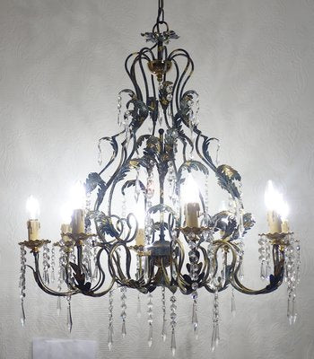 Green-Gold Burnished Metal & Lead Crystal 8-Bulb Chandelier, 1980s-NGU-2022967